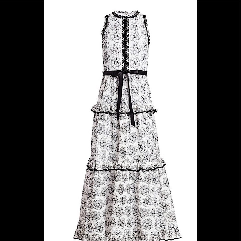 Monique Lhuillier Tiered Black and White Floral Gown Size 8